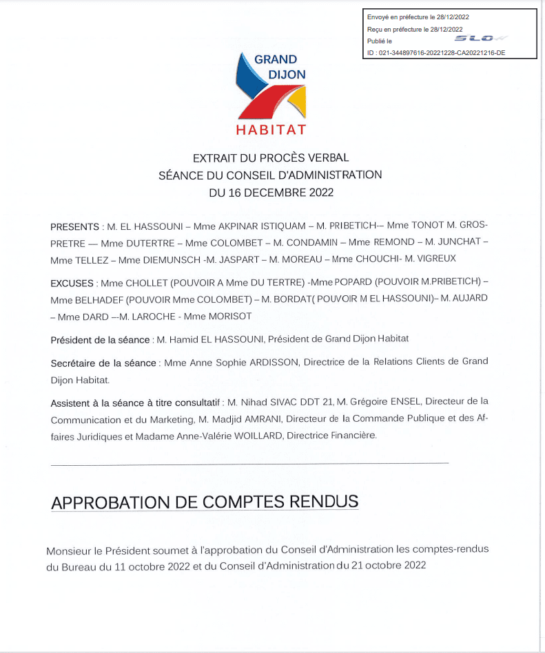 Extrait du procès-verbal du conseil d'administration de Grand Dijon Habitat du 16 décembre 2022.