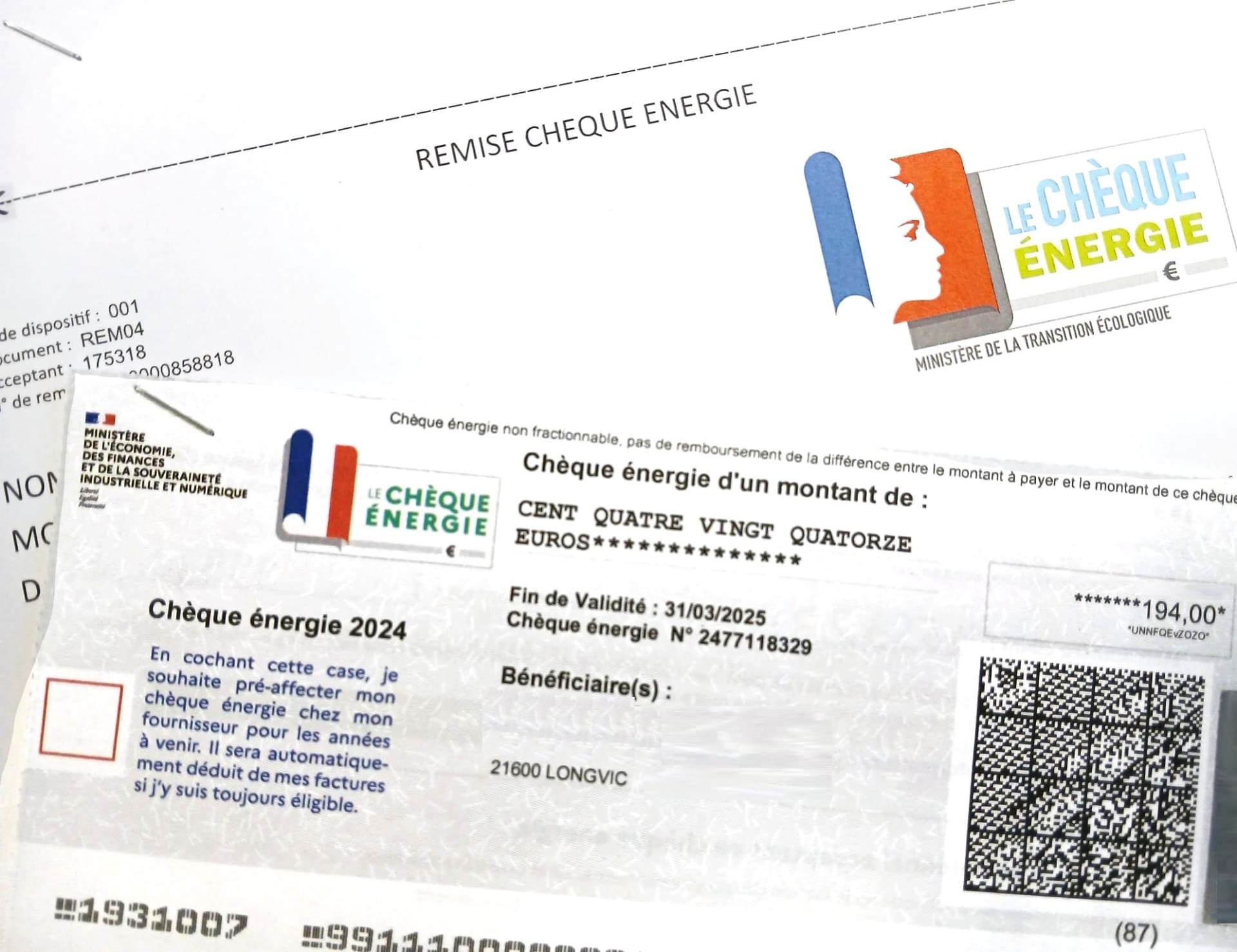 Photographie d'un chèque énergie, par le Ministère de l'Économie et le Ministère de la Transition Écologique,