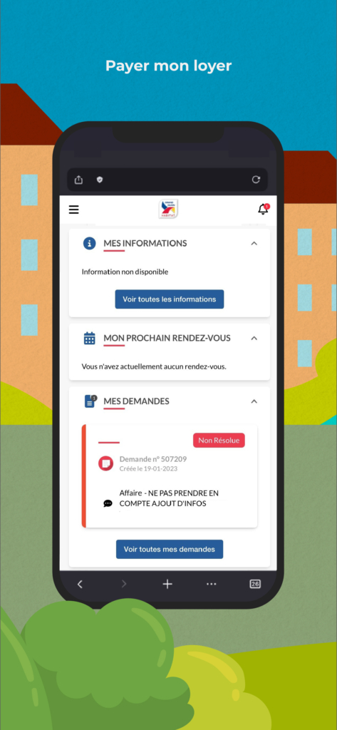 Illustration avec le texte "Payer mon loyer" en haut. Au centre, un smartphone affiche l'interface de l'Agence Virtuelle de Grand Dijon Habitat avec trois sections : "Mes informations", "Mon prochain rendez-vous" et "Mes demandes", Le tout est posé sur un décor illustré de quartier résidentiel coloré.