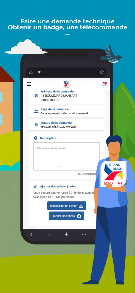 Illustration sur fond bleu avec le texte "Faire une demande technique, obtenir un badge, une télécommande…". Au centre, un smartphone affiche le formulaire de l'Agence Virtuelle de Grand Dijon Habitat avec une demande de type "Badge Télécommande". À droite, un personnage illustré en tenue bleue tenant le logo Grand Dijon Habitat, dans un décor de quartier résidentiel coloré.