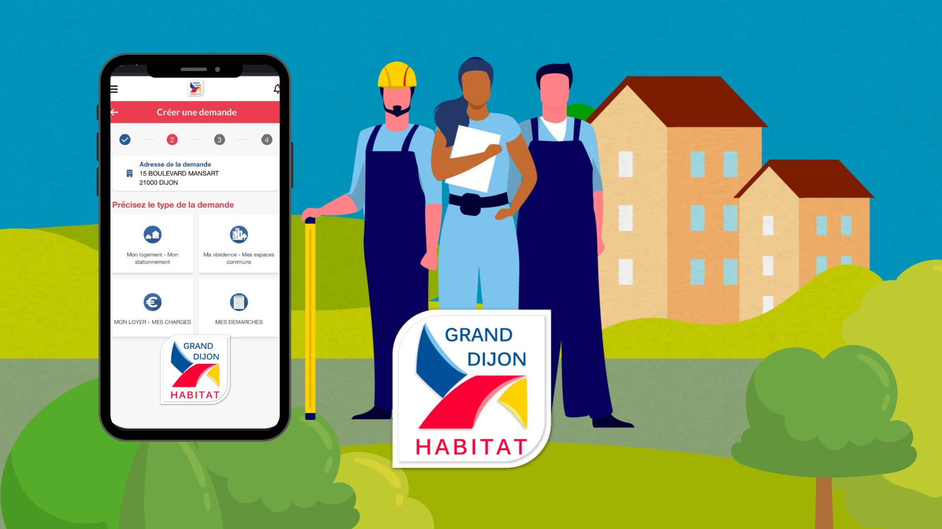 Illustration : Au premier plan à droite, le logo Grand Dijon Habitat. À gauche, un smartphone affichant l'interface de l'Agence Virtuelle de Grand Dijon Habitat, ouverte sur l'écran "Créer une demande". En arrière-plan, trois techniciens en tenue de travail sont représentés devant des immeubles résidentiels dans un décor illustré et coloré.