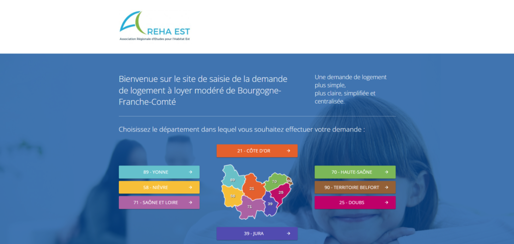 Capture d'écran page d'accueil du site de demande de logement Bourgogne-Franche-Comté avec sélection du département